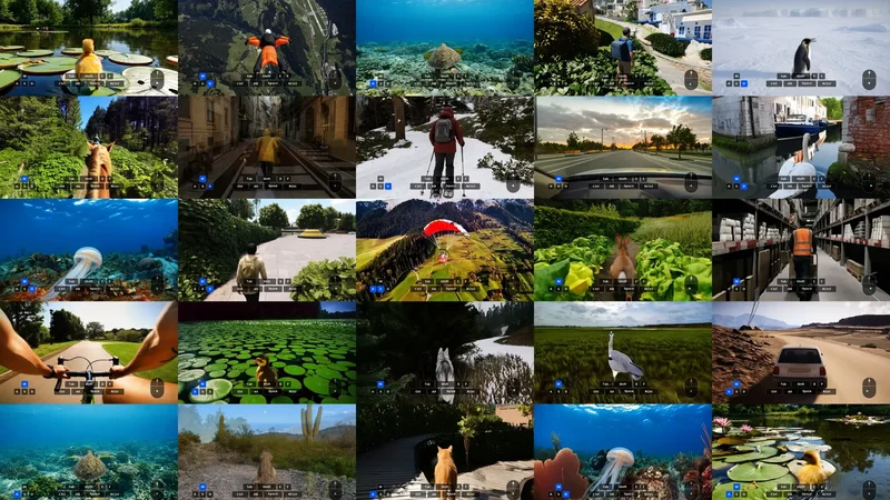 A grid of Odyssey-3 real-time simulations, including underwater scenes, animals, cycling, driving and paragliding, each with on-screen keyboard controls